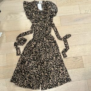 Cheetah leopard midi dress button front tie back with pockets XS